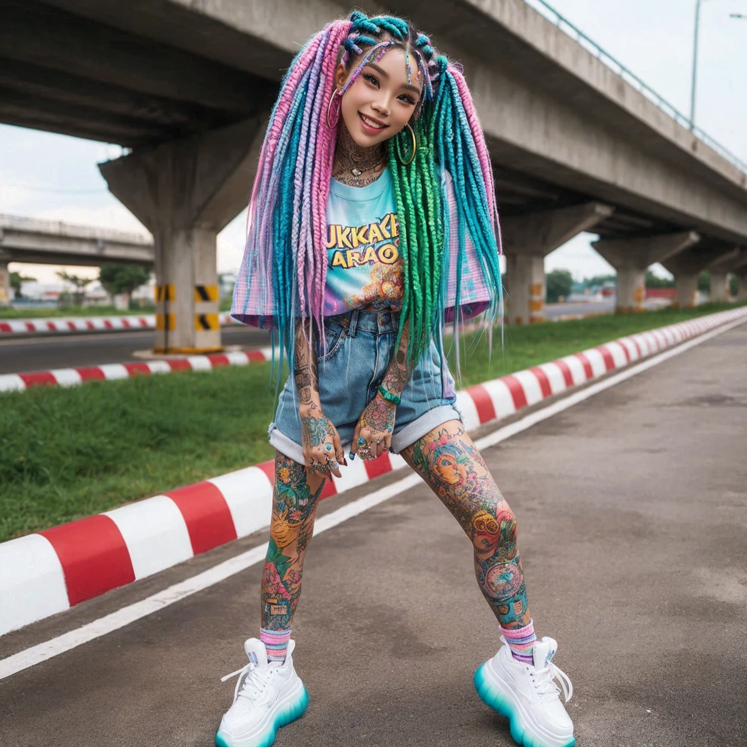 Full body shot of an Thai woman wearing colorful streetwear that says "Unikawa Araso", White shoes, with long colorful dreadlocks, box braids, colorful pigtails, lisa frank style, colorful!!!, posing for a stylish photo shoot candid, she is happy and smiling, teal long braided hair, bright color, bright color, with aqua neon dreadlocks, multi-colored, lisa frank style, colorful hair, turquoise pink and green, outdoor background, photorealistic, ultra high definition, 16K