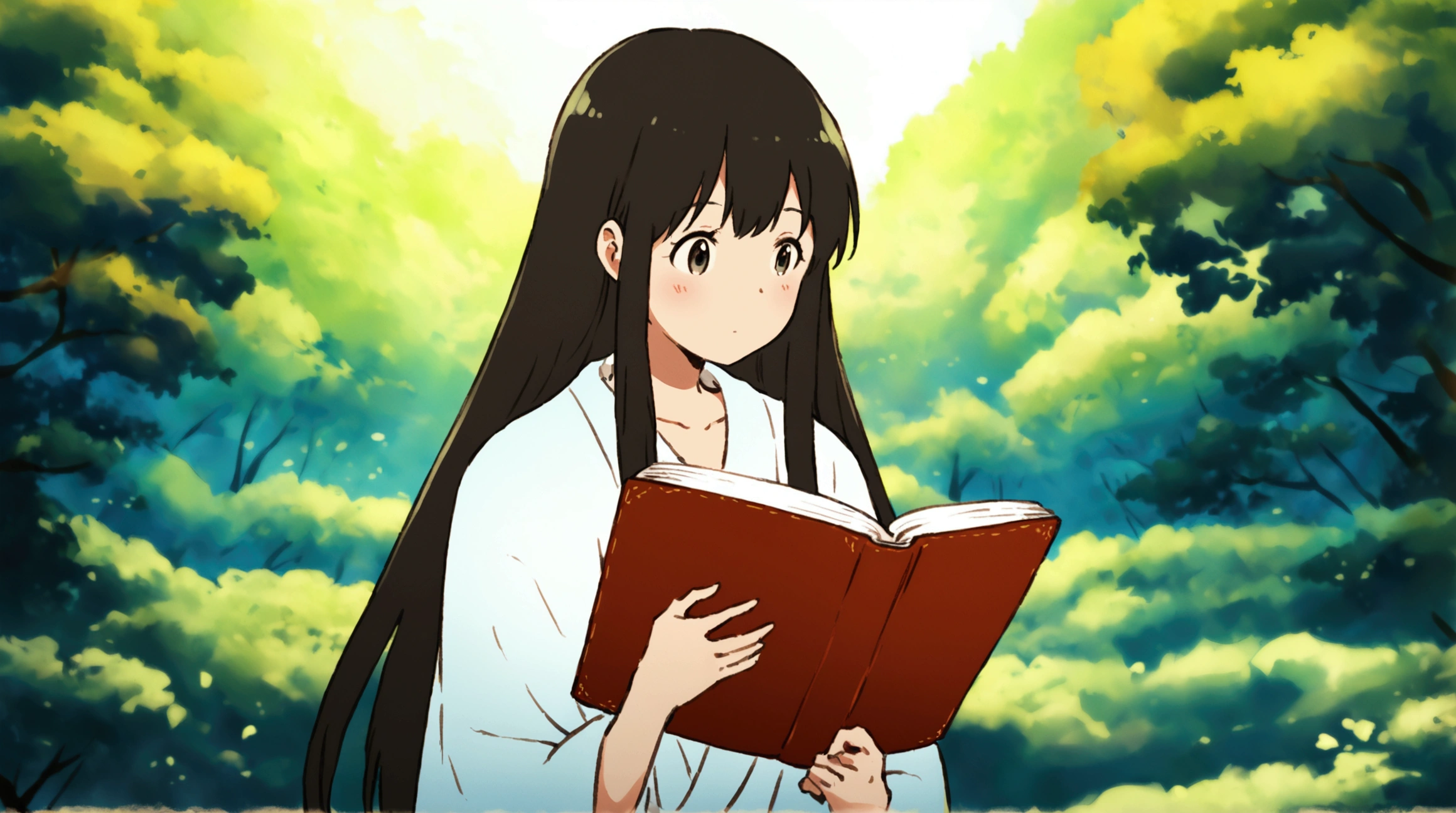A beautiful woman with long hair is reading a book、The background is a vibrant forest with bright sunlight streaming in.、Written by hand、Colors that are easy on the eyes、Low contrast、Ghibli-style animation、by Xin Haicheng、by Hayao Miyazaki、Inspired by Makoto Shinkai、Your Name、Spirited Away