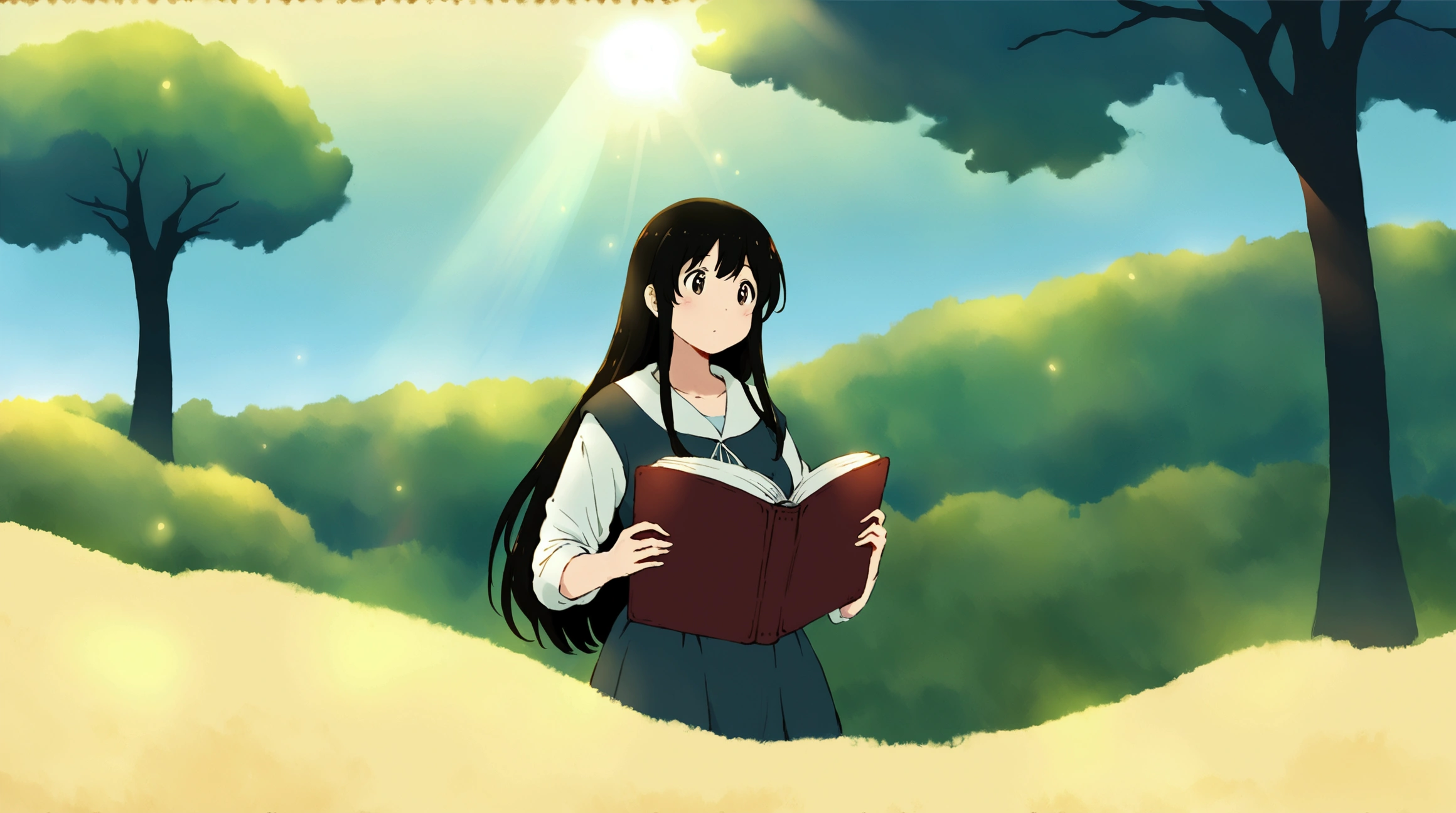 A beautiful woman with long hair is reading a book、The background is a vibrant forest with bright sunlight streaming in.、Written by hand、Colors that are easy on the eyes、Low contrast、Ghibli-style animation、by Xin Haicheng、by Hayao Miyazaki、Inspired by Makoto Shinkai、Your Name、Spirited Away