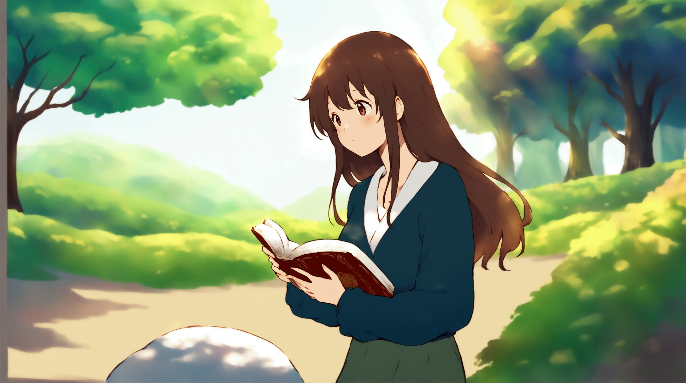 A beautiful woman with long hair is reading a book、The background is a vibrant forest with bright sunlight streaming in.、Written by hand、Colors that are easy on the eyes、Low contrast、Ghibli-style animation、by Xin Haicheng、by Hayao Miyazaki、Inspired by Makoto Shinkai、Your Name、Spirited Away