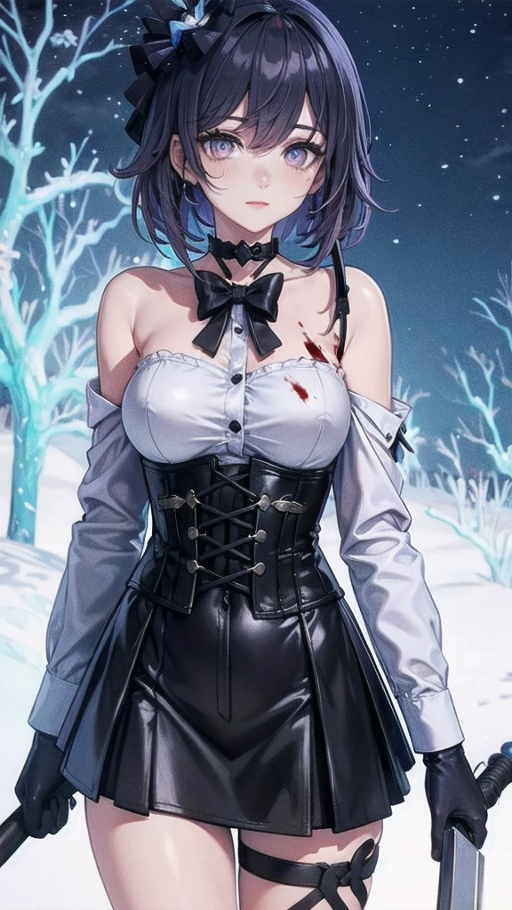 ((blood droplets)), ((blood)), ((blood splatter)), ((blood on clothes)), ((blood stain)), Masterpiece, Beautiful art, professional artist, 8k, Very detailed face, Detailed clothing, detailed fabric, 1 girl, Soul Fullness \(Honkai Impact 3rd\), front view, standing, BIG BREASTS, perfectly drawn body, shy expression, pale skin, beautiful face, short dark blue hair, 4k eyes, very detailed eyes, pink cheeks, choker:1.6, (white long sleeve button down shirt with white collar), black gloves, gloves that cover hands, (holds an ax with his right hand), (black leather corset), (shiny black tight mini skirt), Sensual Lips , winter night, show details in the eyes, looking at the viewer, dark forest, Atmosphere, fog, At night