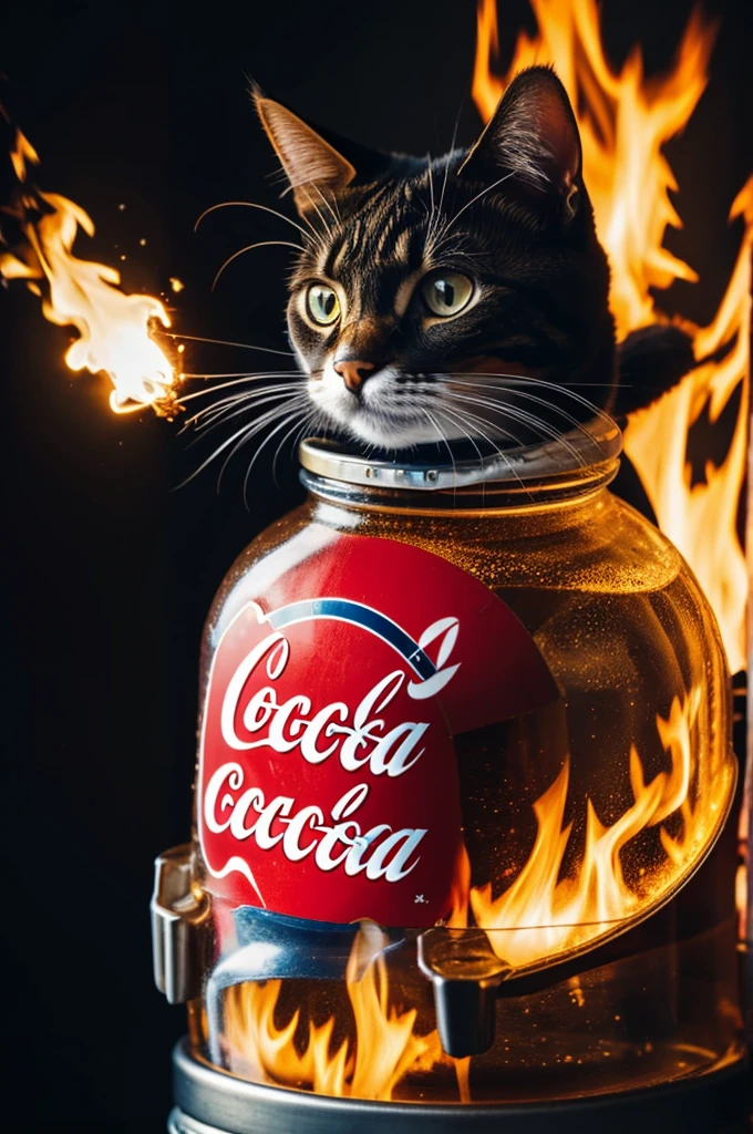 A cat dressed as an astronaut inside a Coca-Cola bottle with fire