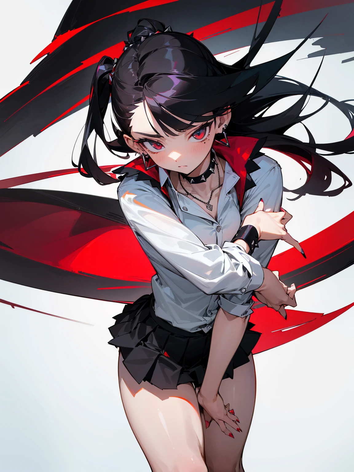 ((Long Straight Black hair)), Perfect face, Choker, Punk earrings, ((Tall)), ((High Quality)), Necklace, ((Mature)), Pretty Eyes, Sharp Nails, Bangs, ((1 Girl)), ((Multiple Earrings)), 1 girl, Spiky Earrings, Adult, Spiked Collar, Thin Eyelashes, Plain Background, Red Colors in Background, Shark Girl, Long Tail, Large Tail, Massive Tail, Shark Tail, ((Black Pleated Skirt With White Lines)), ((White Buttoned Shirt)), Close Up, Very Short Mini Skirt, Tall, Long Legs, Dynamic Pose, Black Tail, 2 moles under left eye, Wide Hips, Pantyhose, Thick Thighs, Vibrant Colors, Spreading Legs, Lewd, (( Very Muscular Legs)),