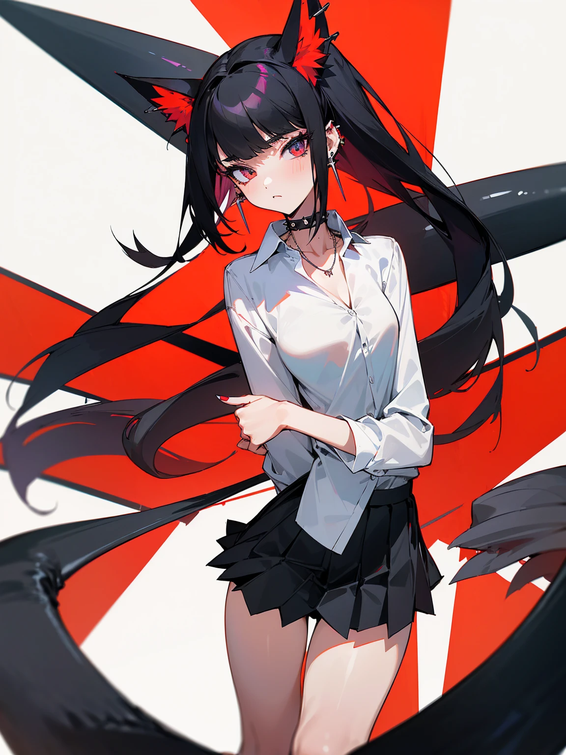 ((Long Straight Black hair)), Perfect face, Choker, Punk earrings, ((Tall)), ((High Quality)), Necklace, ((Mature)), Pretty Eyes, Sharp Nails, Bangs, ((1 Girl)), ((Multiple Earrings)), 1 girl, Spiky Earrings, Adult, Spiked Collar, Thin Eyelashes, Plain Background, Red Colors in Background, Shark Girl, Long Tail, Large Tail, Massive Tail, Shark Tail, ((Black Pleated Skirt With White Lines)), ((White Buttoned Shirt)), Close Up, Very Short Mini Skirt, Tall, Long Legs, Dynamic Pose, Black Tail, 2 moles under left eye, Wide Hips, Pantyhose, Thick Thighs, Vibrant Colors, Spreading Legs, Lewd, (( Very Muscular Legs)),