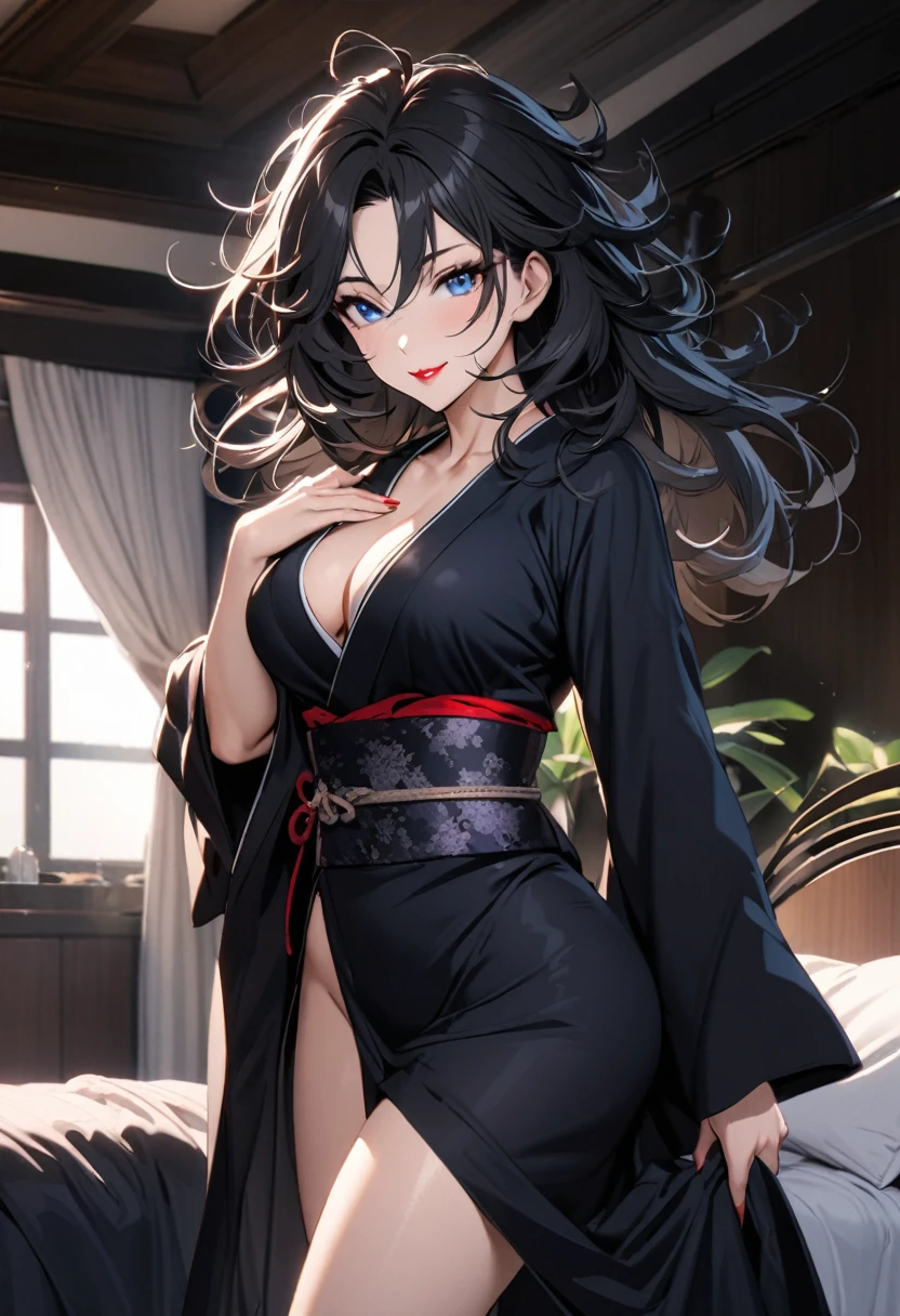 Mature woman, perfect eyes, long black hair, messy hair, blue eyes, medium breasts, blacked kimono, sexy woman, clevage, red lips, cute pose, in the bedroom, sexy smile, wind blowing, beautiful.
