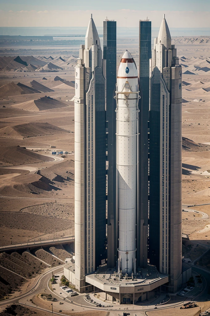 A large and sophisticated rocket in a future city on the planet Mars