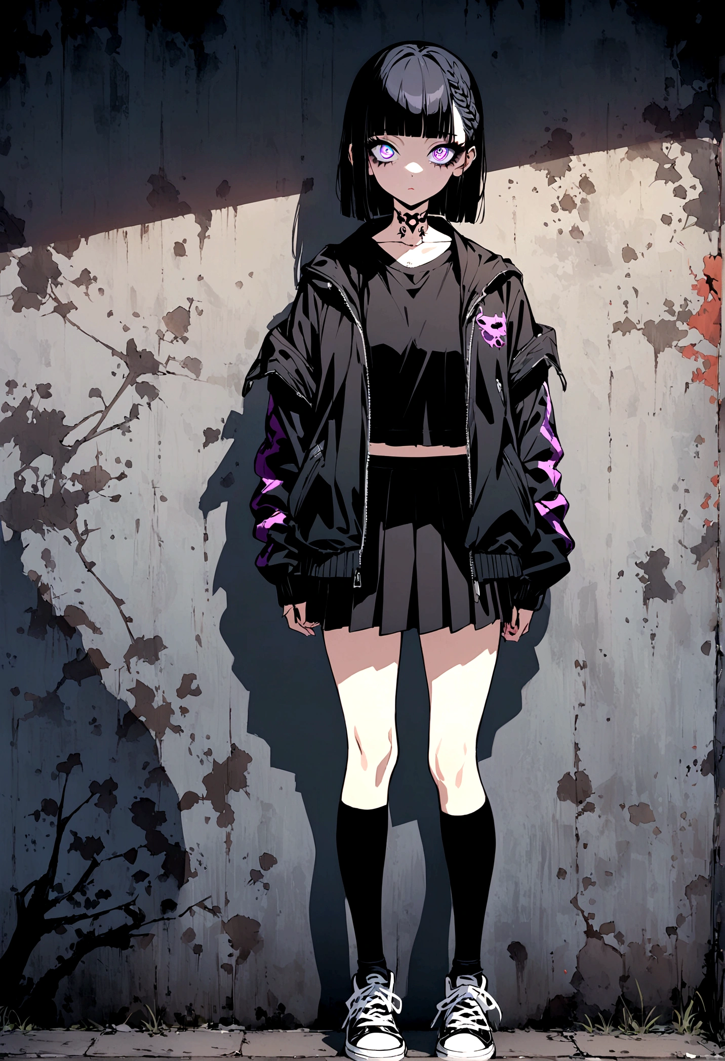 knees to chest、adult、shirt、Pleated skirt、blunt bangs、Gothic、Step Piece, Best Quality, Best Illustration, Ultra-detailed,girl, crazy baddie girl, Cool Black Open Short Jacket, neck tattoo, Messy Fade Cut Hair, Side braided hair,Crazy, standing with an eerie feeling, abandond street graffiti wall background,knee high socks, quirky sneakers, Eyeshadow on the eyes,unusual colored eyes, Eyes of fear, vivid eyes, cool shot