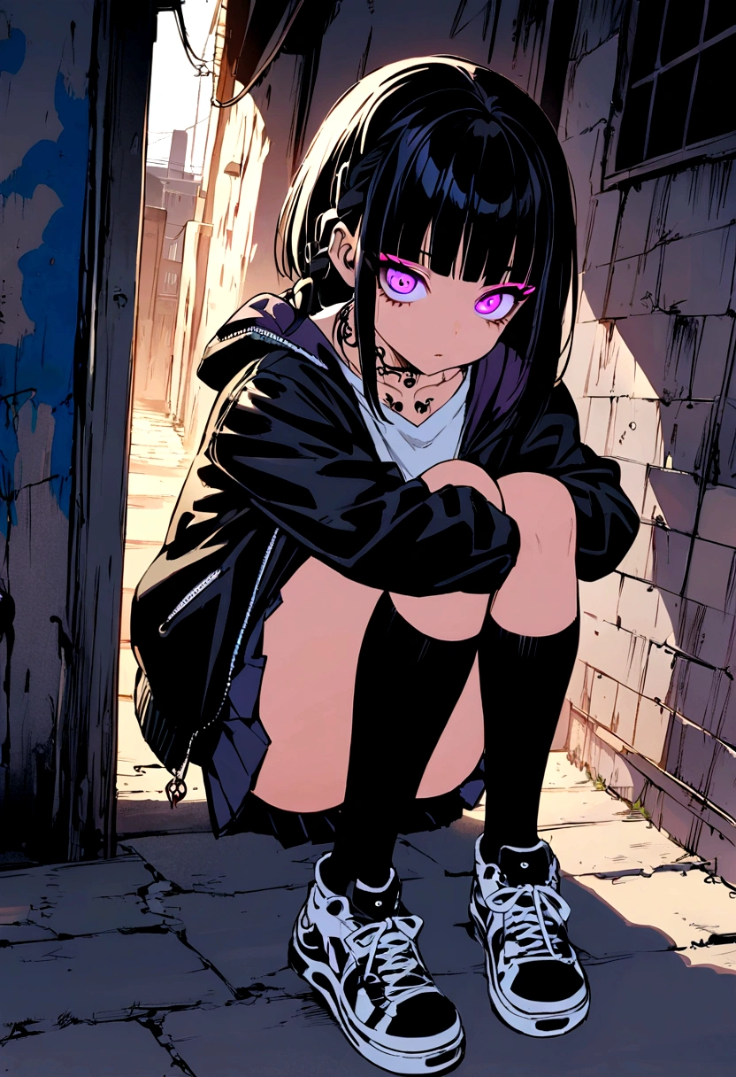 knees to chest、adult、shirt、Pleated skirt、blunt bangs、Gothic、Step Piece, Best Quality, Best Illustration, Ultra-detailed,girl, crazy baddie girl, Cool Black Open Short Jacket, neck tattoo, Messy Fade Cut Hair, Side braided hair,Crazy, standing with an eerie feeling, abandond street graffiti wall background,knee high socks, quirky sneakers, Eyeshadow on the eyes,unusual colored eyes, Eyes of fear, vivid eyes, cool shot