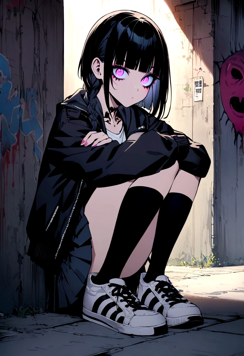 knees to chest、adult、shirt、Pleated skirt、blunt bangs、Gothic、Step Piece, Best Quality, Best Illustration, Ultra-detailed,girl, crazy baddie girl, Cool Black Open Short Jacket, neck tattoo, Messy Fade Cut Hair, Side braided hair,Crazy, standing with an eerie feeling, abandond street graffiti wall background,knee high socks, quirky sneakers, Eyeshadow on the eyes,unusual colored eyes, Eyes of fear, vivid eyes, cool shot
