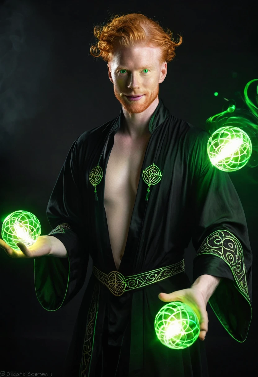 masculine, masterpiece, hyper realistic image of sexy 30 year old albino man, ginger hair, wearing fancy black sorcerer robes, meninthong, gstring thong, seductive pose, magical glowing arcane sigils, (((juggling big green glowing fireballs in between his hands))), looking directly at camera, cheeky smile, highly detailed, intricate details, sharp focus, dynamic lighting, dynamic shadows, no watermark