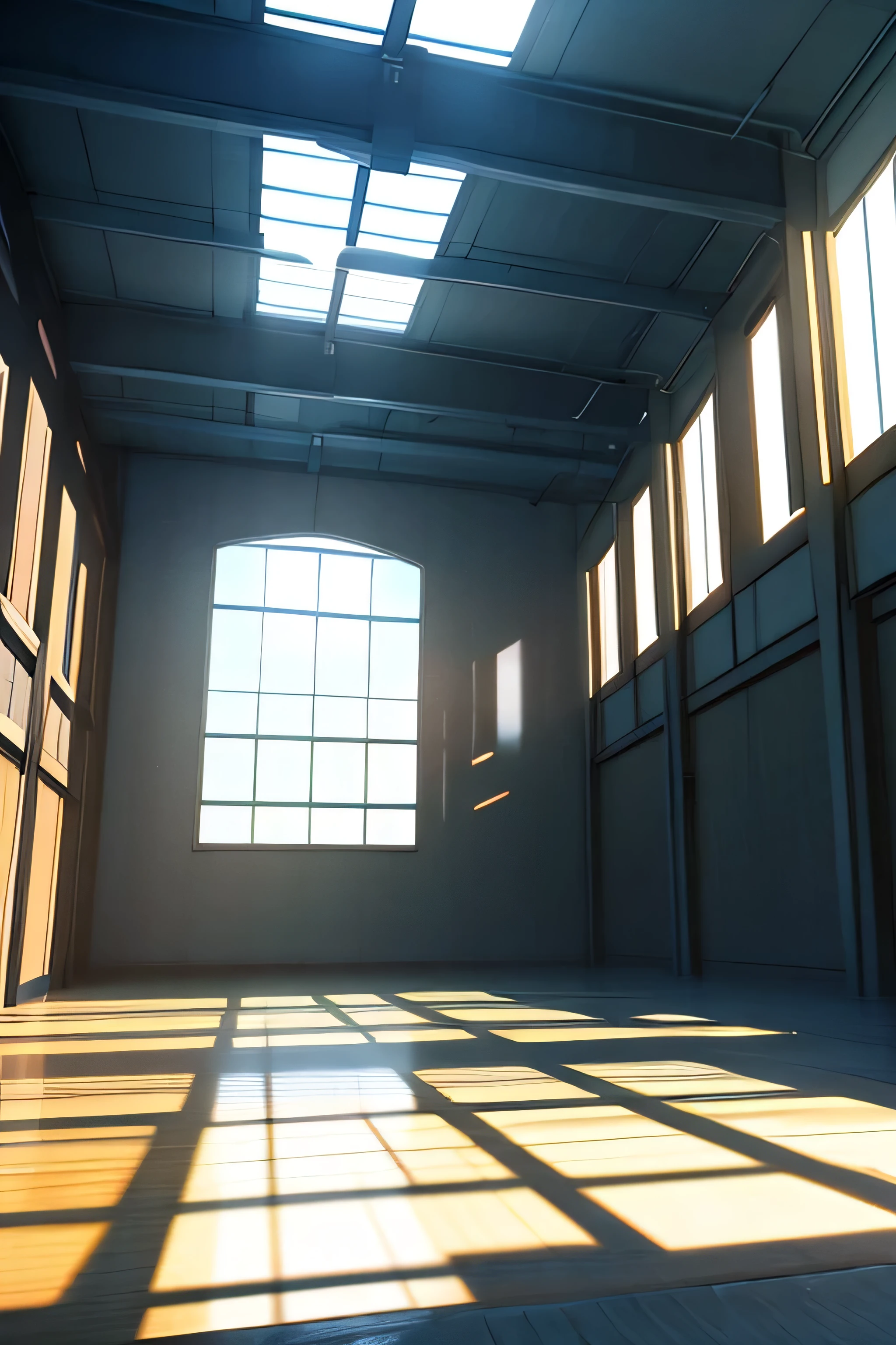 Large, paved warehouse, light coming in through the windows,.. Animation style, 3D anime scenery.
