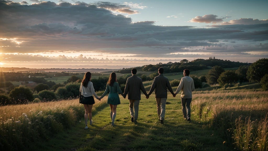 A group of people walking in a green field towards the sunrise, representing communion and the divine love that unites us.