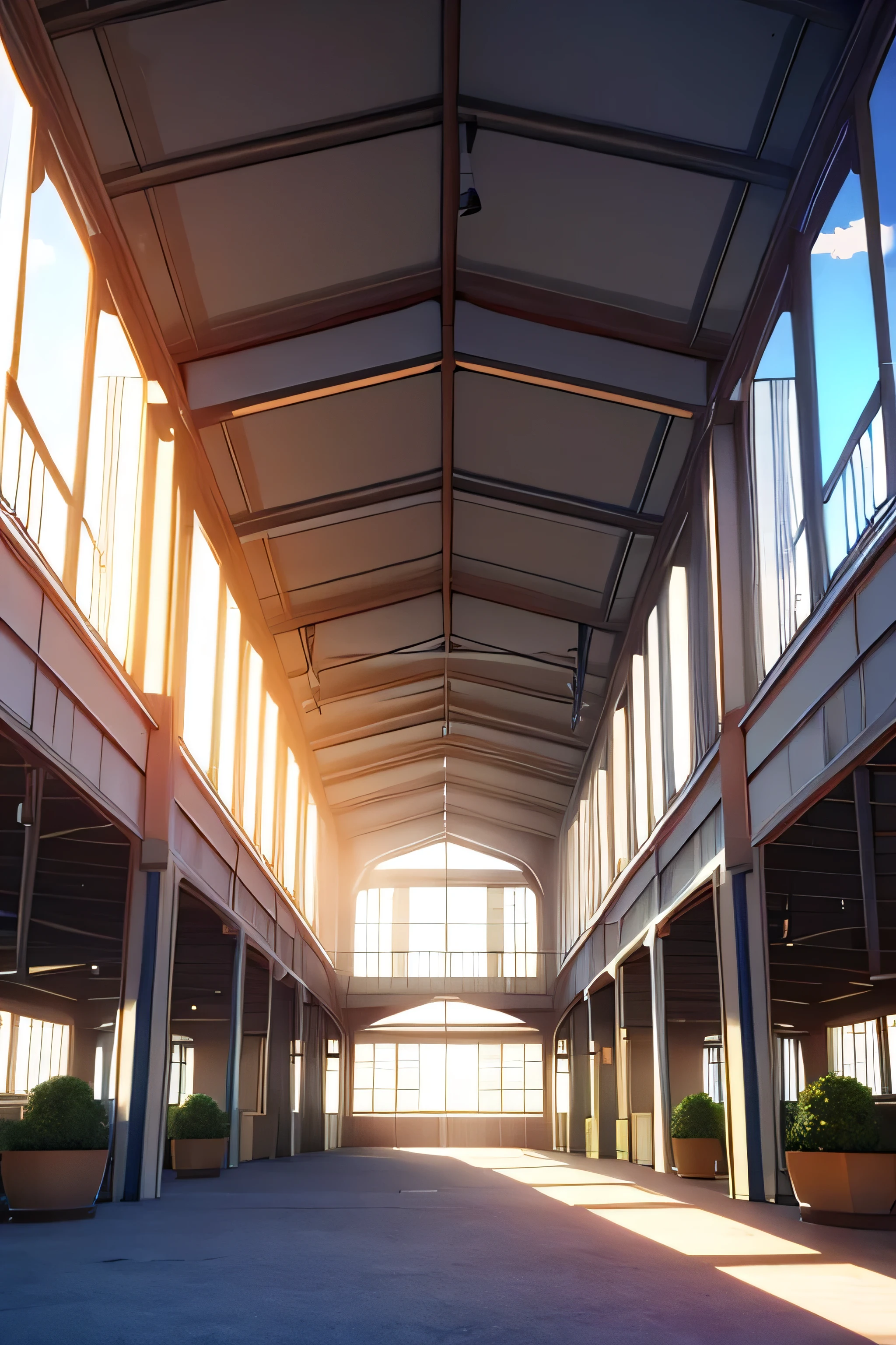 Large, paved warehouse, light coming in through the windows,.. Animation style, 3D anime scenery.