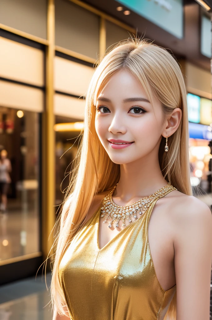 (best quality, 4k ,8k, highres, masterpiece:1.2), ultra-detailed, (realistic, photorealistic, photo-realistic:1.37), closeup, beautiful Thai woman, (slim girl), (happy smile), long lashes, beautiful makeup, platinum blonde hair, fair skin, slender figure, elegant posture, wearing large sparkling colorful jewelery, wearing a business style leather dress, standing in a large shopping mall, gentle sunlight shining through the shopping mall windows, casting a soft glow on her face, adding warmth to the scene, vibrant colors, capturing the essence of vibrant city life, portrait style, showcasing her natural beauty and grace in a feminine way