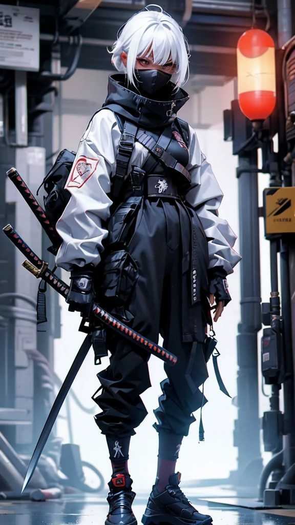 Ninja girl cyborg. Cyberpunk samurai hold katana . White hair .korean girl
