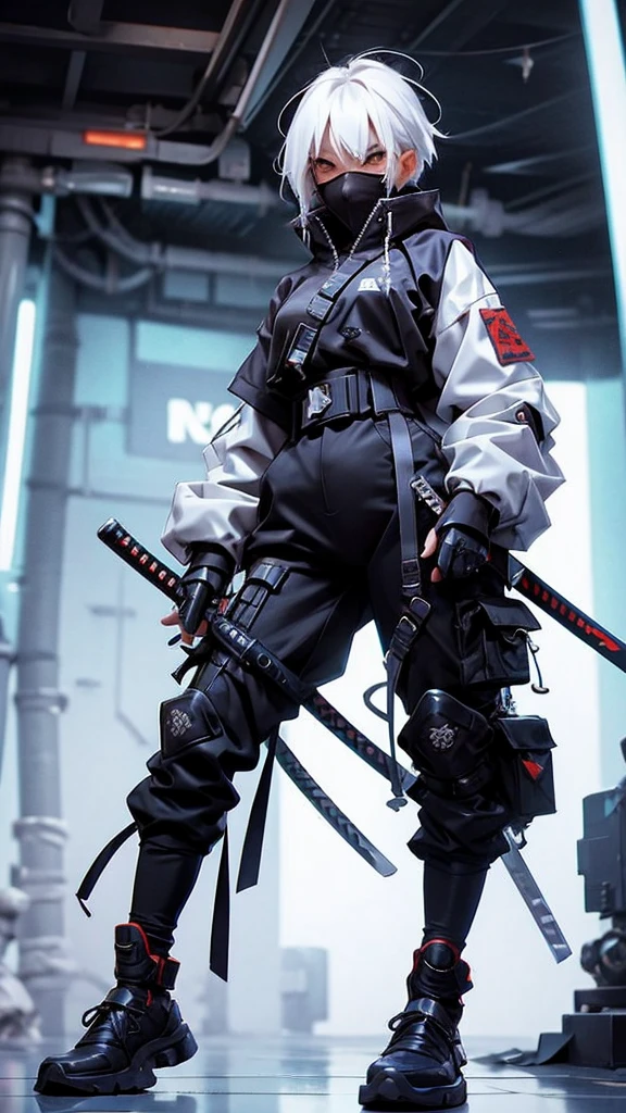 Ninja girl cyborg. Cyberpunk samurai hold katana . White hair .korean girl