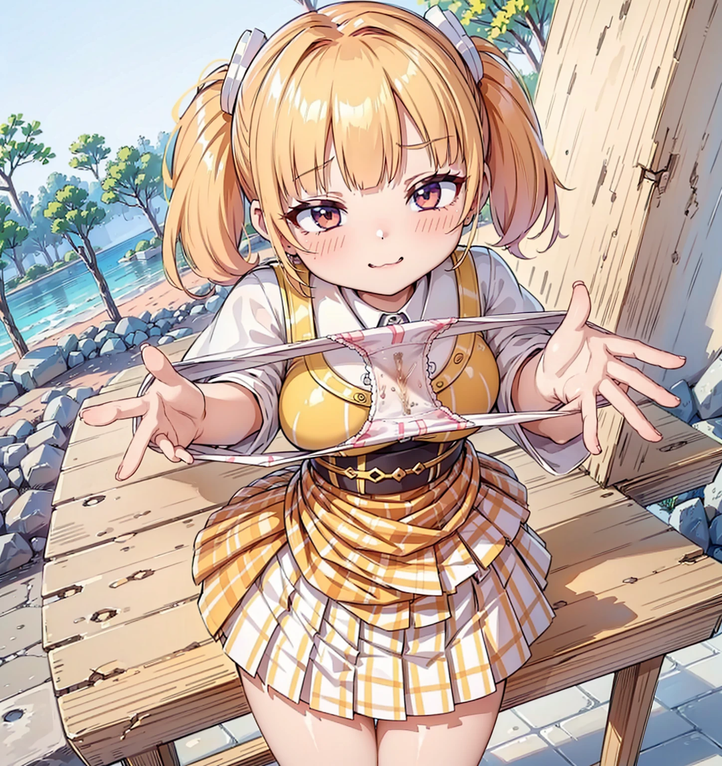 bionde, {{{Half Twin Tail:1.3}}}、shirt, blush, white shirt, hair ornaments, Manicure, Plaid skirt, Pleated skirt,
,Pay attention to the panties,
Looking down,View your audience,Panties as a gift,Tabletop, Highest quality, Perfect Skin, Detailed skin texture, Super detailed, 8K, Intricate details, Beautifully detailed face,High resolution,
Looking down at the viewer, masterpiece, (Panties are stained with pee)、(Pussy、Love Juice)、(body odor),perfect hands,(((1 girl,alone)))