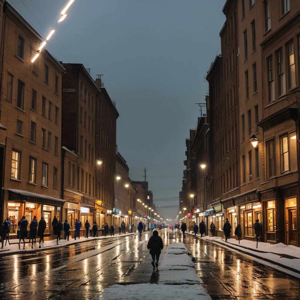 Street with rain, lightning and snow and with people walking on the street