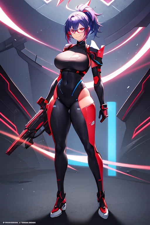 1girl, red eyes, blue hair, very short hair, ponytail, large breasts, hourglass figure, bodysuit, black bodysuit, neon, neon trim, machinery, tech, science-fiction, red glasses, futuristic, smile, standing, full body, ((full body)), shoulder armor, long ponytail, braided bonytail, braid, single braid