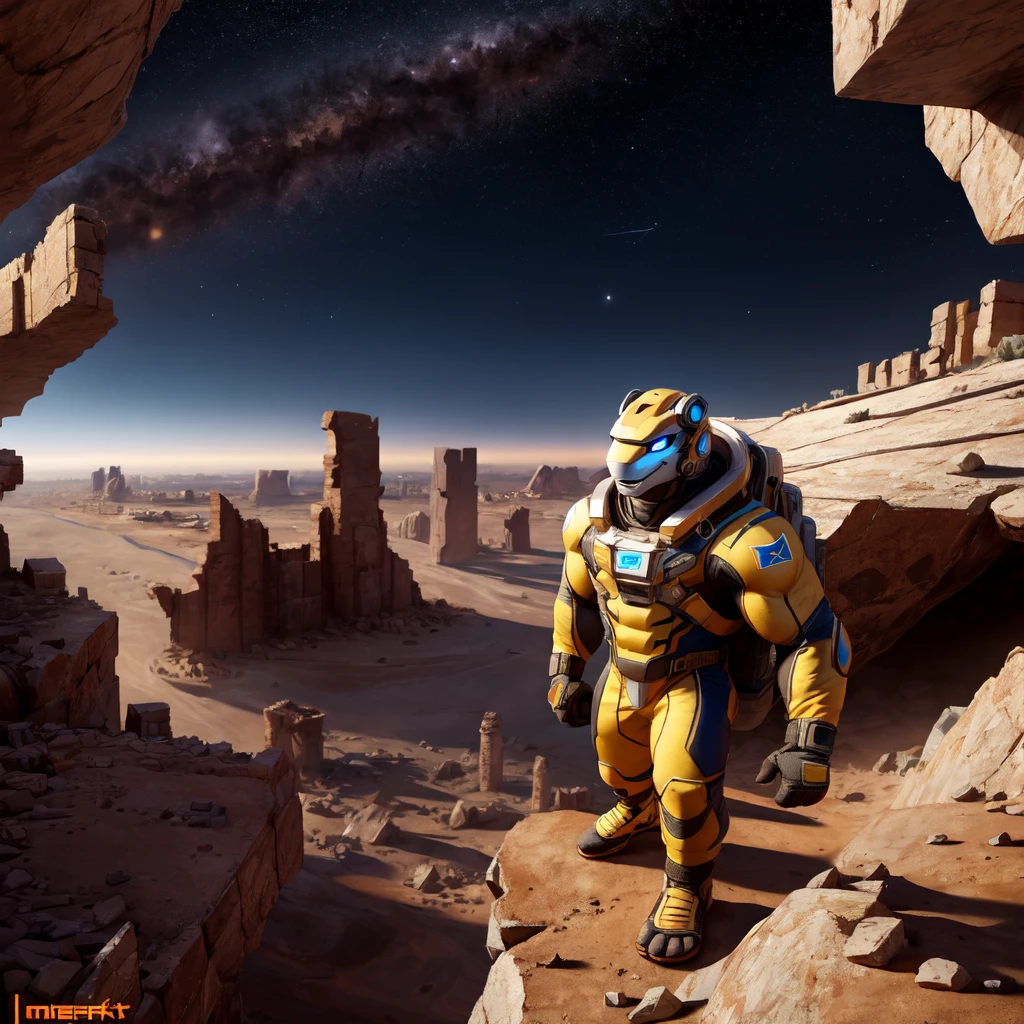 At the top of the mountain and on the edge of the cliff, a muscular man wearing a silver and yellow spacesuit, dumbbells on the floor, man looking and smiling at the camera, Beautiful feet, perfekt teeth, perfect toes, perfects eyes, showing the whole body. Under the cliff, Four spaceships slowly emerge from the ruins of a desolate city built in the desert, Going to the stars, cinematic lighting, melhorar, anáglifo, optical illusion, From above, atmospheric perspective, ultra HD, 8K.