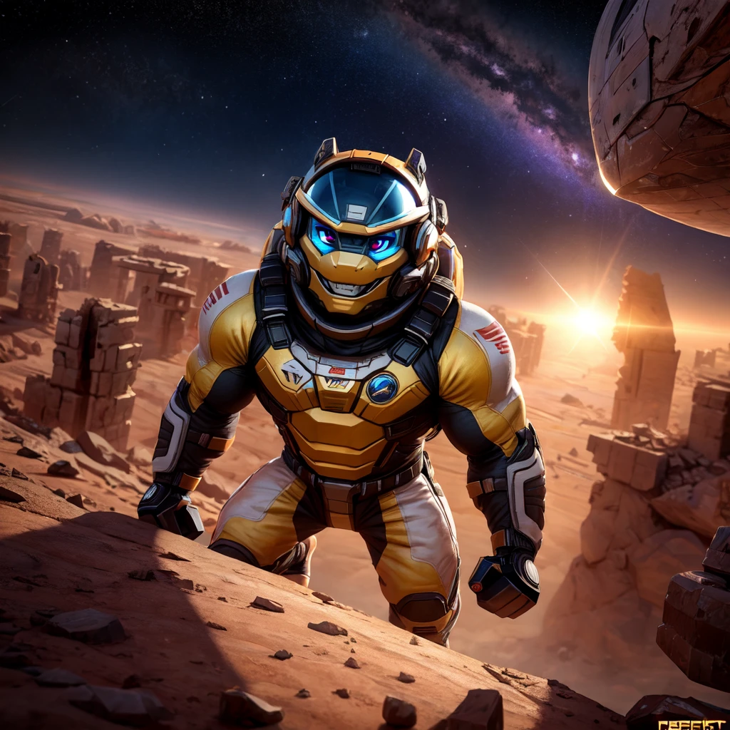 At the top of the mountain and on the edge of the cliff, a muscular man wearing a silver and yellow spacesuit, dumbbells on the floor, man looking and smiling at the camera, Beautiful feet, perfekt teeth, perfect toes, perfects eyes, showing the whole body. Under the cliff, Four spaceships slowly emerge from the ruins of a desolate city built in the desert, Going to the stars, cinematic lighting, melhorar, anáglifo, optical illusion, From  above, atmospheric perspective, ultra HD, 8K.