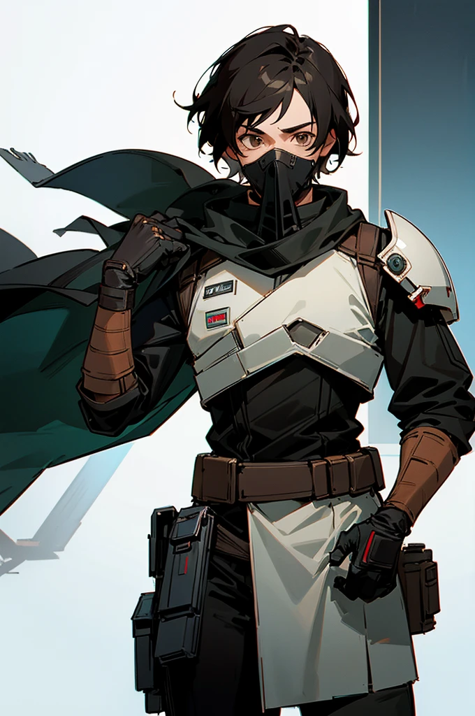 Male adult star wars bounty hunter, Short black hair, light black armored clothes, brown eyes, black scarf covering mouth and nose, 30 years old, 2 holdered blasters on the hip