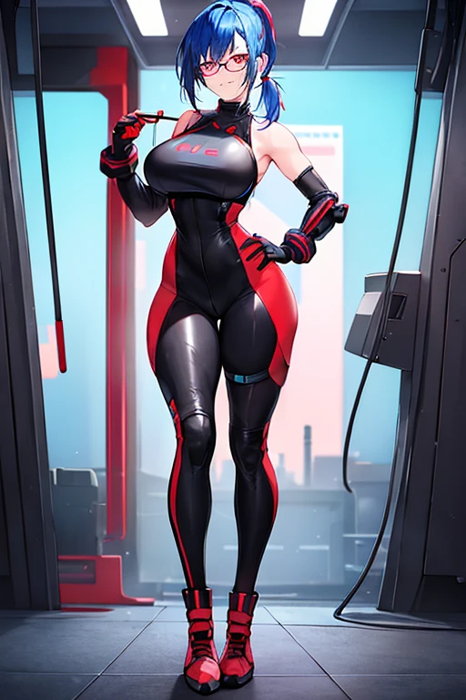 1girl, red eyes, blue hair, very short hair, ponytail, large breasts, hourglass figure, bodysuit, black bodysuit, neon, neon trim, machinery, tech, science-fiction, red glasses, futuristic, smile, standing, full body, ((full body)), shoulder armor, long ponytail, braided bonytail, braid, single braid, ((long ponytail))