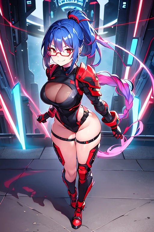 1girl, red eyes, blue hair, very short hair, ponytail, large breasts, hourglass figure, bodysuit, black bodysuit, neon, neon trim, machinery, tech, science-fiction, red glasses, futuristic, smile, standing, full body, ((full body)), shoulder armor, long ponytail, braided bonytail, braid, single braid, ((long ponytail))