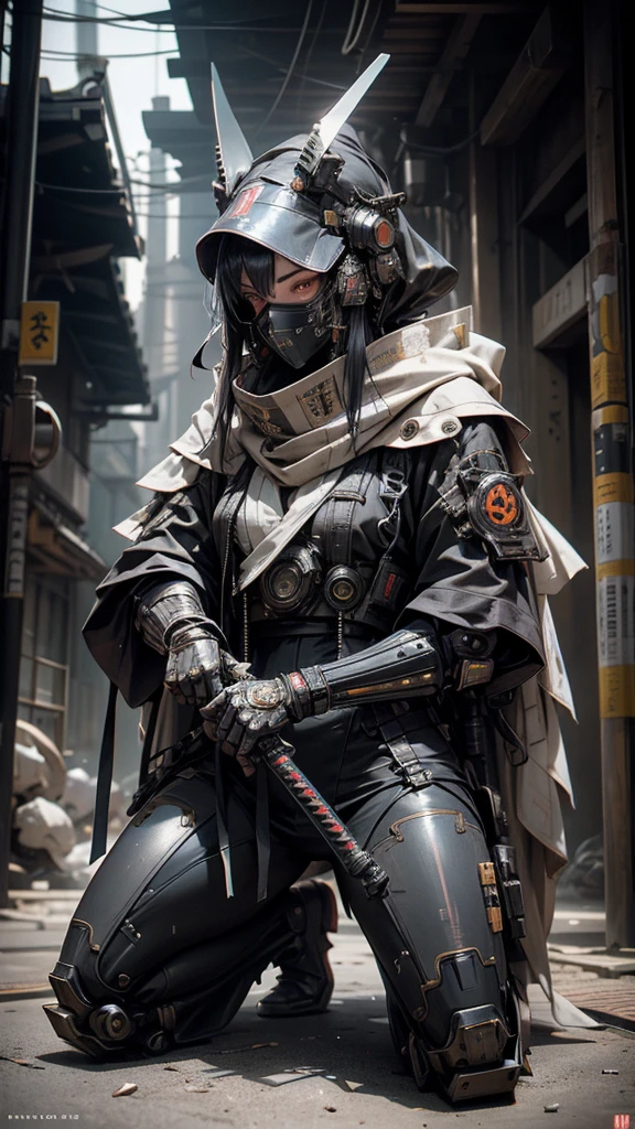 A nomadic robot, in the desert, wearing a disheveled shawl, holding a staff, wearing a large metal hat, rough, rusty, dusty body, thin frame, tall, cyberpunk, Cyborg., Session surreal version of a woman kneeling down on one leg holding a sword in her hand, very beautiful cyberpunk samurai, anime cyberpunk art, cyberpunk samurai, cyberpunk anime art, cyberpunk anime, cgsociety 9, technical cyberpunk anime art number, style of maciej kuciara.1girl, samurai armor, devil mask helmet, intricate, detailed ornaments, cool colors, metallic, Egyptian details, extremely intricate details, luster realistic lighting, trends in cgs society, glowing eyes, facing camera, neon details, surreal details, full body portrait, Japanese atmosphere, global illumination, shadows, rendering octane, 8k, super sharp. cool lolita.