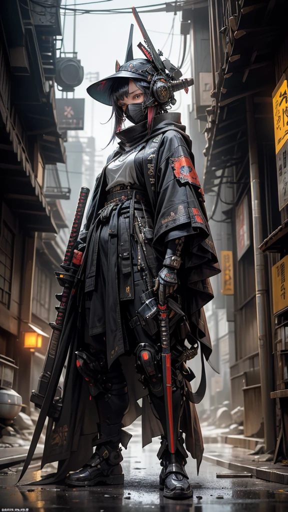 A nomadic robot, in the desert, wearing a disheveled shawl, holding a staff, wearing a large metal hat, rough, rusty, dusty body, thin frame, tall, cyberpunk, Cyborg., Session surreal version of a woman kneeling down on one leg holding a sword in her hand, very beautiful cyberpunk samurai, anime cyberpunk art, cyberpunk samurai, cyberpunk anime art, cyberpunk anime, cgsociety 9, technical cyberpunk anime art number, style of maciej kuciara.1girl, samurai armor, devil mask helmet, intricate, detailed ornaments, cool colors, metallic, Egyptian details, extremely intricate details, luster realistic lighting, trends in cgs society, glowing eyes, facing camera, neon details, surreal details, full body portrait, Japanese atmosphere, global illumination, shadows, rendering octane, 8k, super sharp. cool ta.