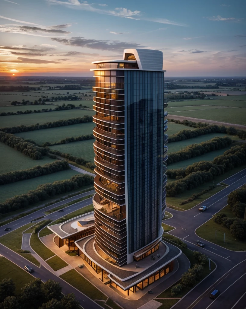 Zaha Hadid style 7-story hotel tower with wood and metal texture, rural landscape at dusk in high quality, 8k UHD