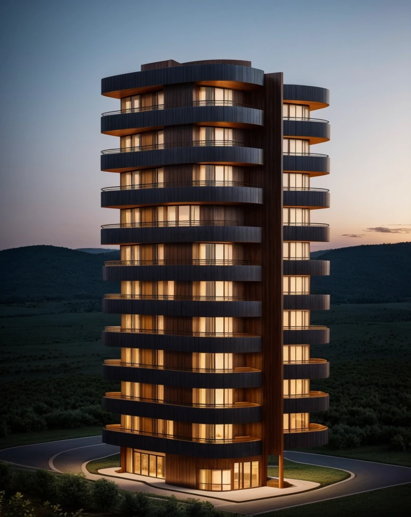 Zaha Hadid style 7-story hotel tower with wood and metal texture, rural landscape at dusk in high quality, 8k UHD