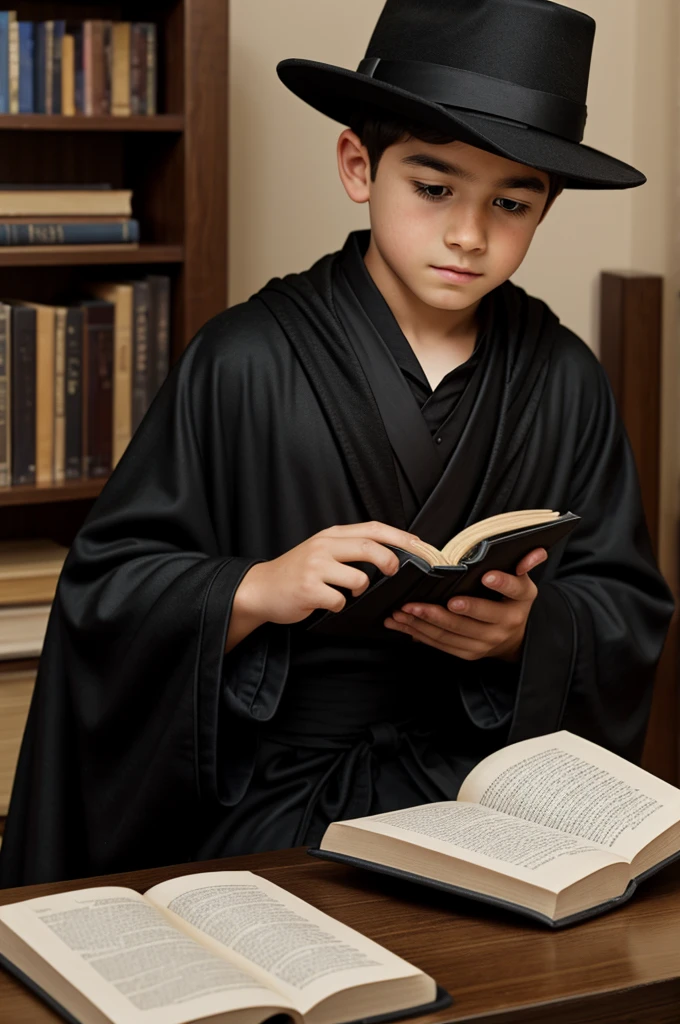 A boy with a small beard, black hat and black robe reading a book