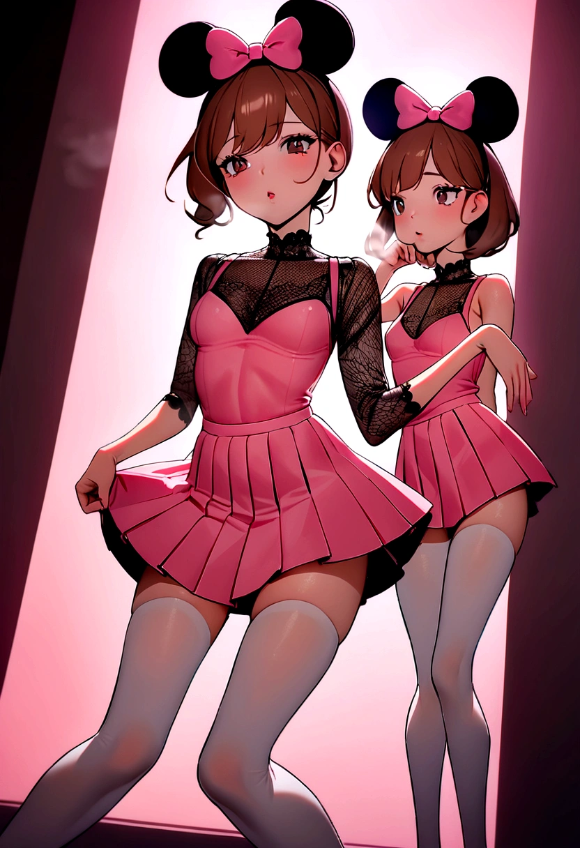 Minnie Mouse is standing, Sexy beautiful face, Doe-shaped eyes, full lips. slender body, breath taking beautiful, bright, all-encompassing cinematic, 8 k, cinematic lighting, Best quality, 4K, perfect body, perfect long legs, (white stockings), ((pink outfit)), Tiny body, slender body, thin waist, short brown hair, (tight black lace shirt, red high waist pleated miniskirt with white polka dots). Lingerie, Spread your legs, the whole body is visible