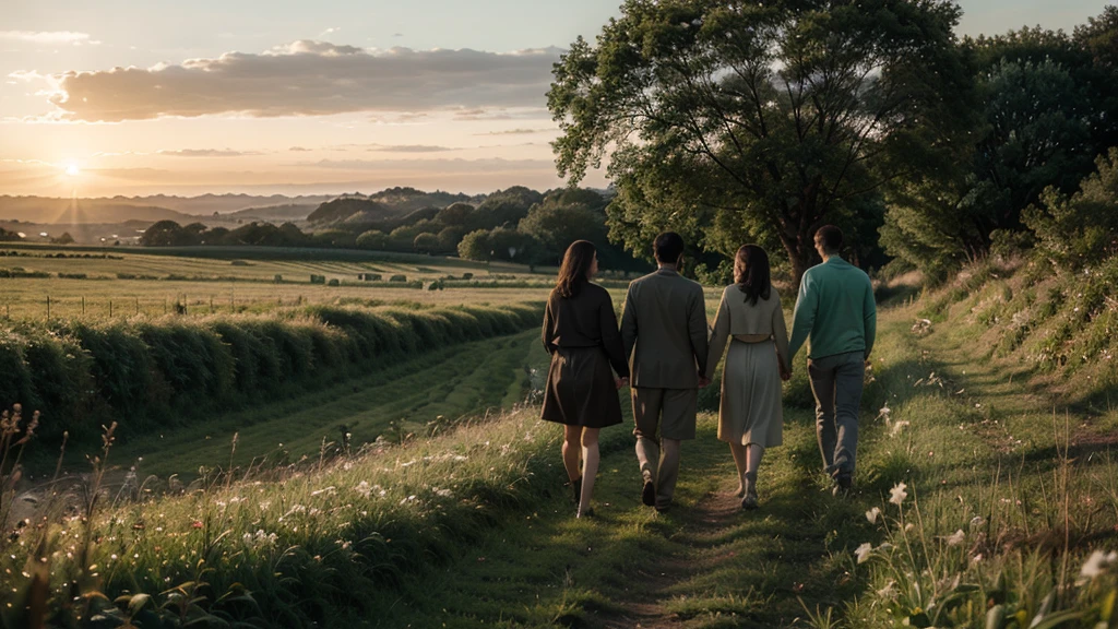A group of people walking in a green field towards the sunrise, representing communion and the divine love that unites us.