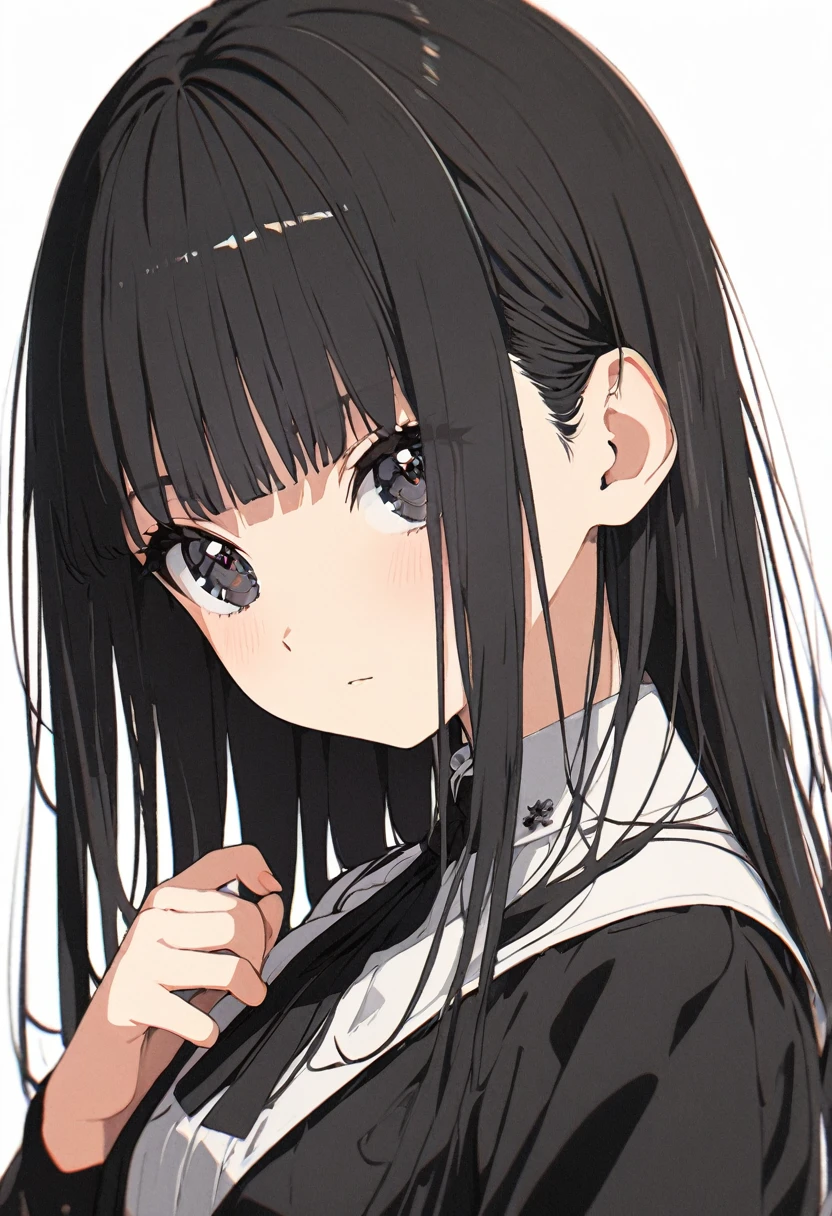 Super detailed,(Highest quality),((masterpiece)),(High resolution),original,Highly detailed 8k wallpaper,(Very delicate and beautiful),Highest_hand,anime,Black Hair,Long Hair,Neat bangs,Straight Hair,流行のcute女の子,black eye,Black bare-chested clothing,cool,Stylish,流行のStylish,cute,Upper body only,Beautiful pupils,One Girl,Only 1 person,White background