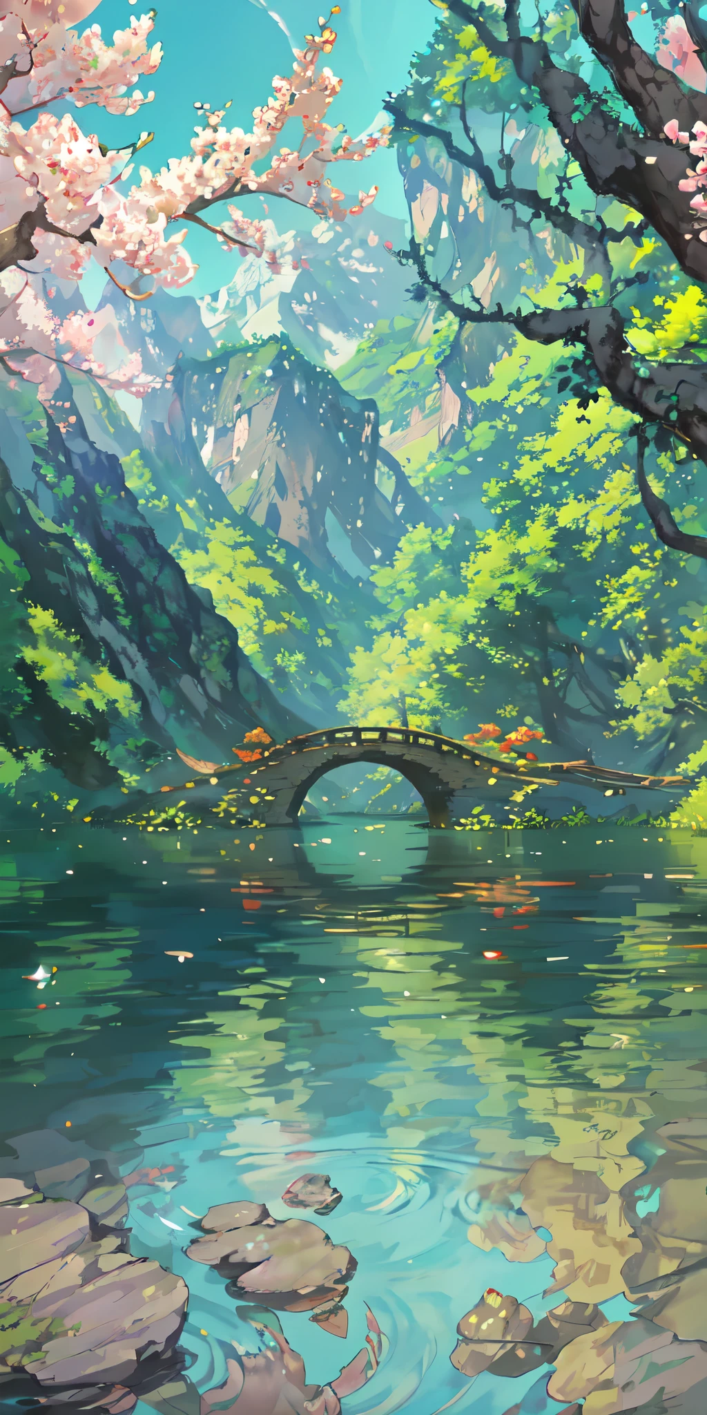 Chinese ancient times, spring, jungle, lake, cave, waterfall, tree, meadow, rock, deer, hot spring, water vapor, (illustration: 1.0), epic composition, realistic lighting, HD details, masterpiece, best quality, (very detailed CG unified 8k wallpaper)