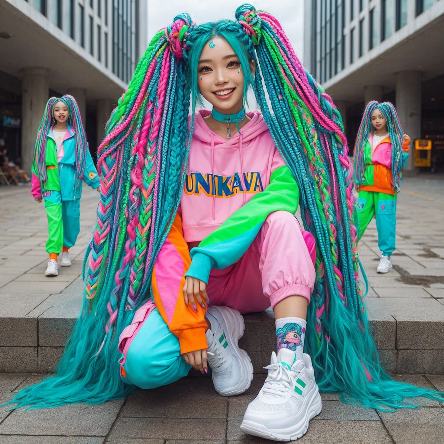 Full body shot of an Thai woman wearing colorful streetwear that says "Unikawa Araso", White shoes, with long colorful dreadlocks, box braids, colorful pigtails, lisa frank style, colorful!!!, posing for a stylish photo shoot candid, she is happy and smiling, teal long braided hair, bright color, bright color, with aqua neon dreadlocks, multi-colored, lisa frank style, colorful hair, turquoise pink and green, outdoor background, photorealistic, ultra high definition, 16K