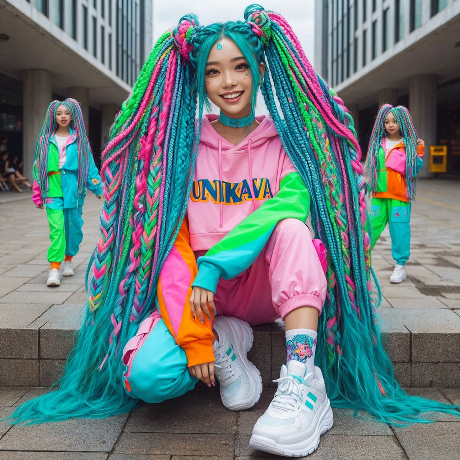 Full body shot of an Thai woman wearing colorful streetwear that says "Unikawa Araso", White shoes, with long colorful dreadlocks, box braids, colorful pigtails, lisa frank style, colorful!!!, posing for a stylish photo shoot candid, she is happy and smiling, teal long braided hair, bright color, bright color, with aqua neon dreadlocks, multi-colored, lisa frank style, colorful hair, turquoise pink and green, outdoor background, photorealistic, ultra high definition, 16K