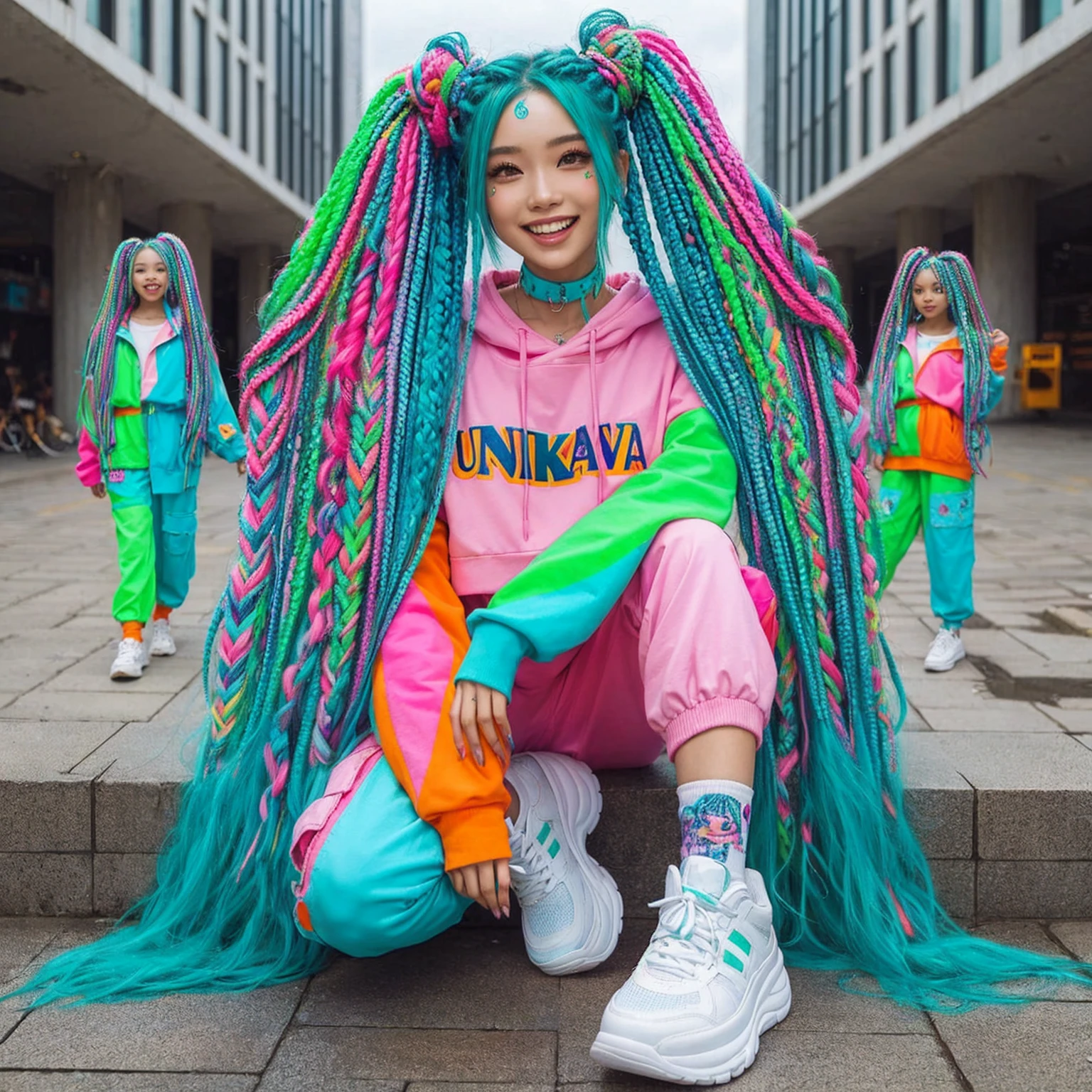 Full body shot of an Thai woman wearing colorful streetwear that says "Unikawa Araso", White shoes, with long colorful dreadlocks, box braids, colorful pigtails, lisa frank style, colorful!!!, posing for a stylish photo shoot candid, she is happy and smiling, teal long braided hair, bright color, bright color, with aqua neon dreadlocks, multi-colored, lisa frank style, colorful hair, turquoise pink and green, outdoor background, photorealistic, ultra high definition, 16K