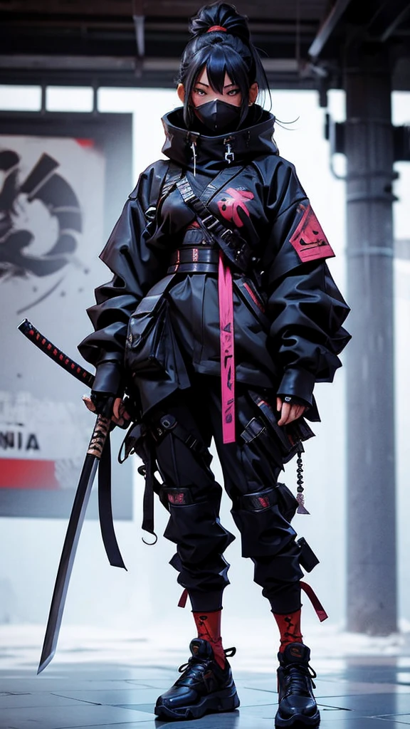 Ninja girl cyborg. Cyberpunk samurai hold katana .korean girl