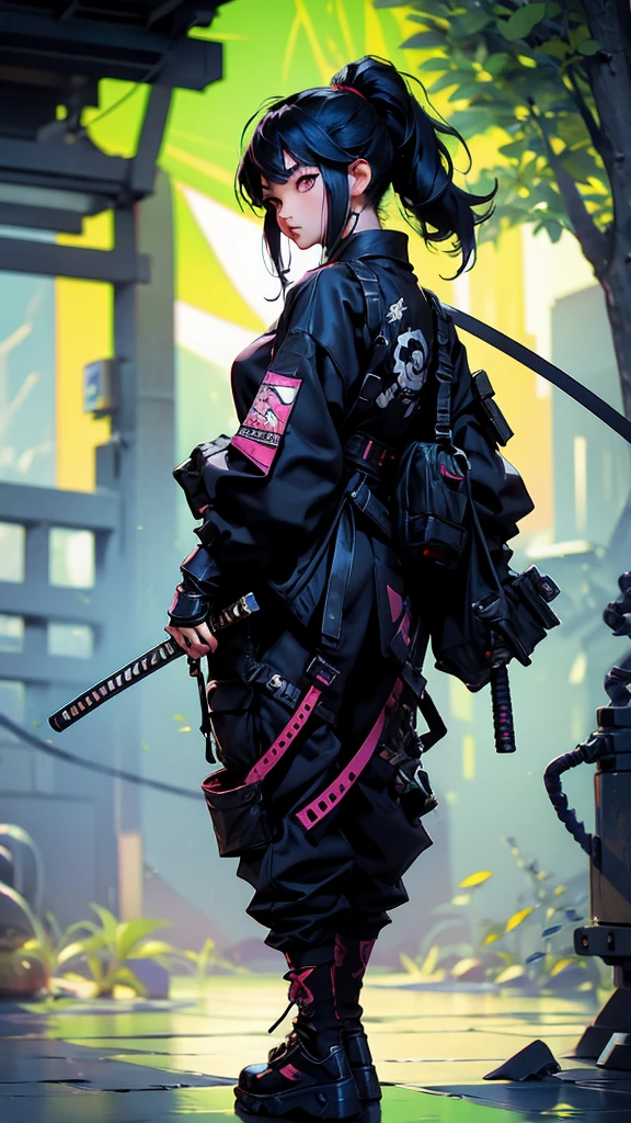 Ninja girl cyborg. Cyberpunk samurai hold katana .korean girl