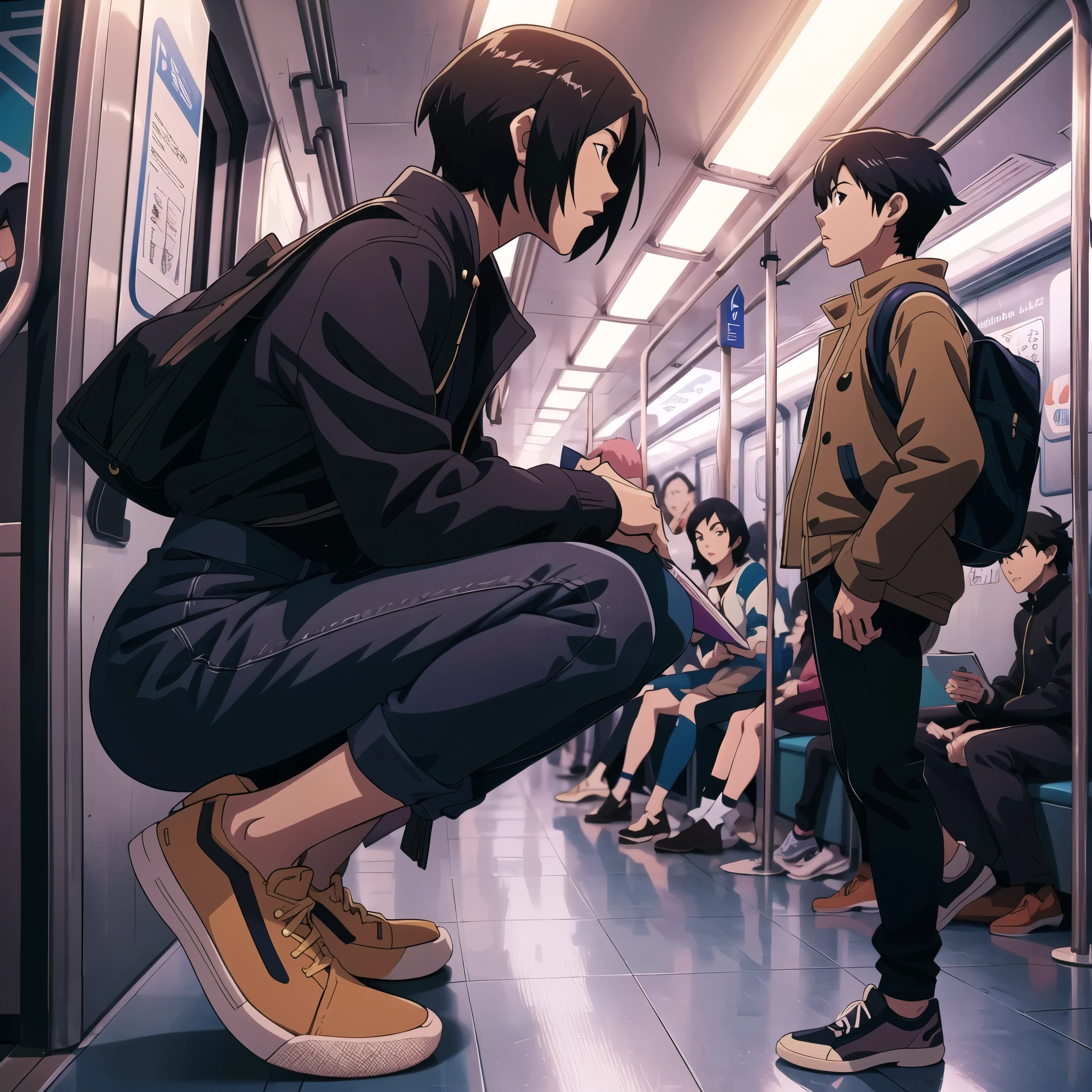 anime scene of a boy and a girl on a subway train, guweiz and makoto shinkai, tokyo anime scene, ross tran and makoto shinkai, sakimichan and makoto shinkai, modern anime style, makoto shinkai and tom bagshaw, yusuke murata and makoto shinkai, fiona staples and makoto shinkai