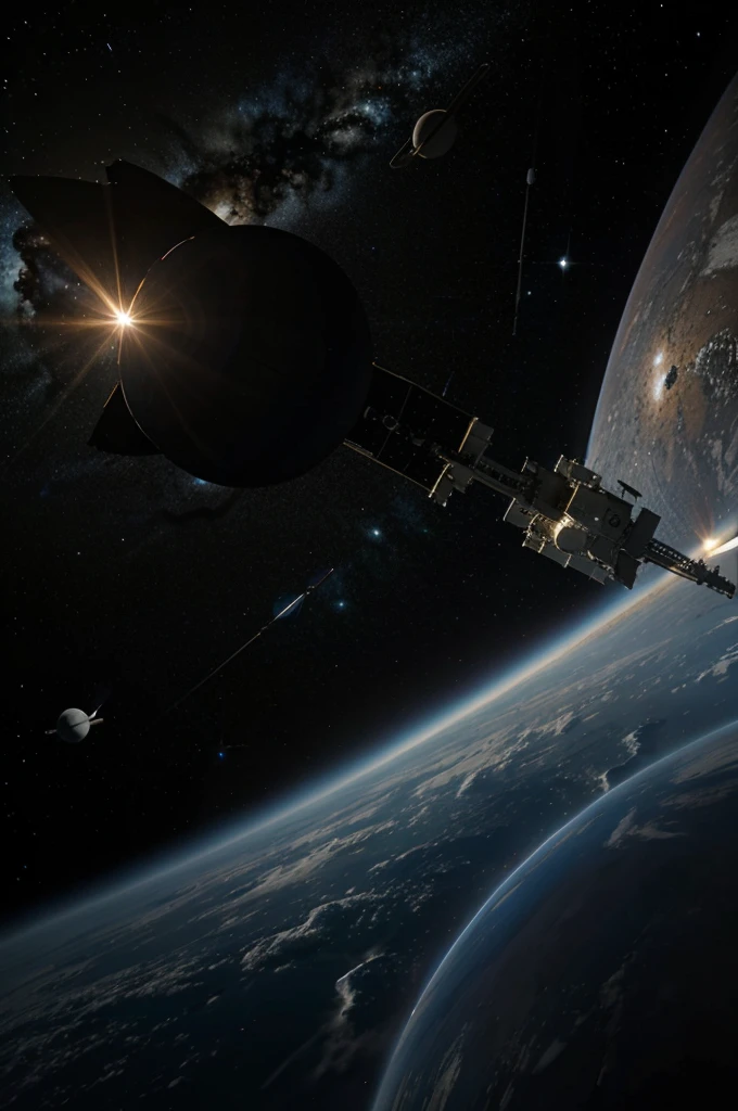 A sophisticated spacecraft passes through a very beautiful Solar system in space 