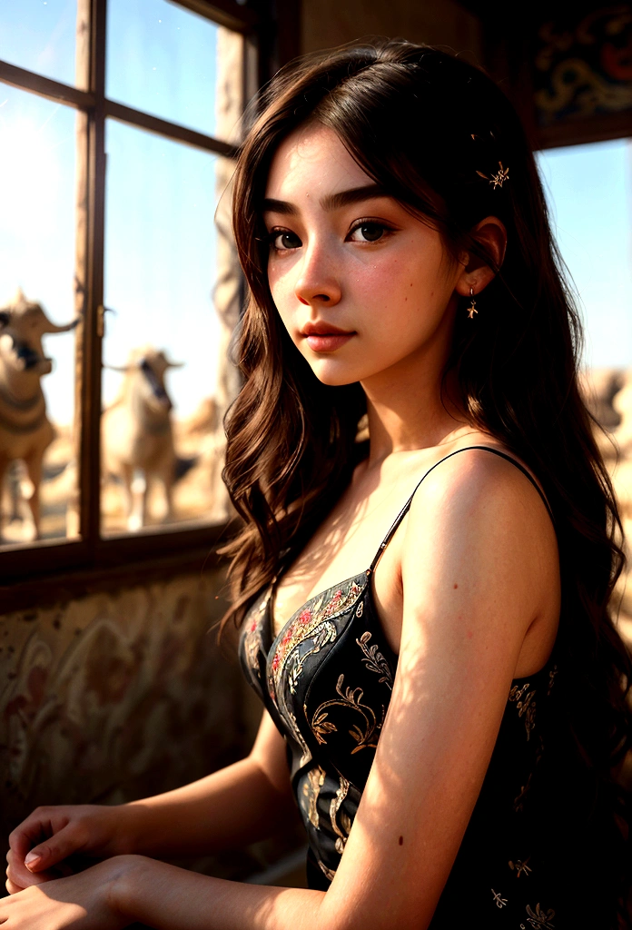 beautiful young woman, highly detailed, photorealistic, masterpiece, extremely detailed, illustration, 1 girl, high angle, messy long hair, best quality, extremely detailed CG Unity 8k wallpaper, ink, stunning, cinematic lighting, lens flare, dunhuang style