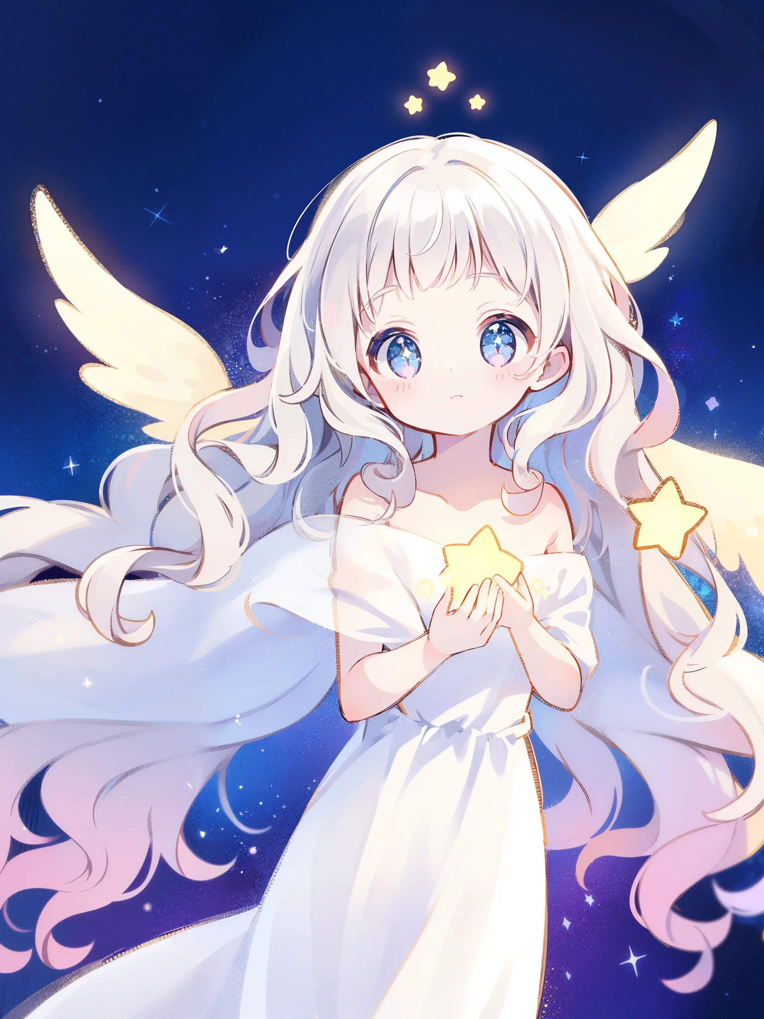 angel girl wearing an ethereal flowing layered dress, pale skin, ((sparkling wavy white hair)), white feathers, angel wings, sparkling detailed eyes, golden ratio face, perfect composition, highly detailed, ethereal, (starry night sky background), midjourney style