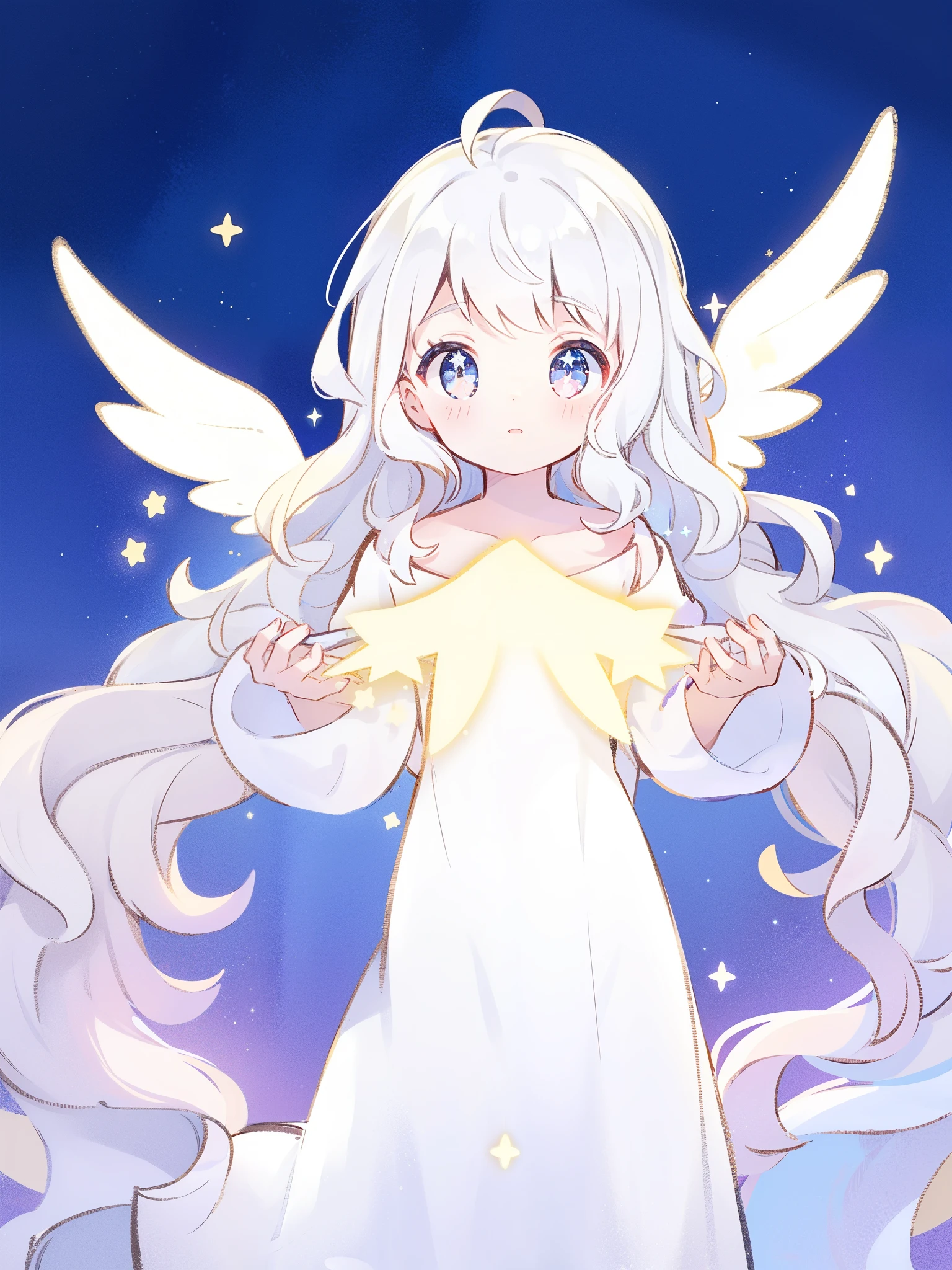 angel girl wearing an ethereal flowing layered dress, pale skin, ((sparkling wavy white hair)), white feathers, angel wings, sparkling detailed eyes, golden ratio face, perfect composition, highly detailed, ethereal, (starry night sky background), midjourney style