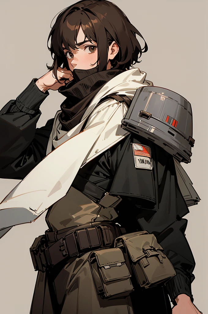 Male adult star wars bounty hunter, Short black hair, light black and brown armored clothes, brown eyes, black scarf covering mouth and nose, 30 years old, 2 holdered blasters on the hip