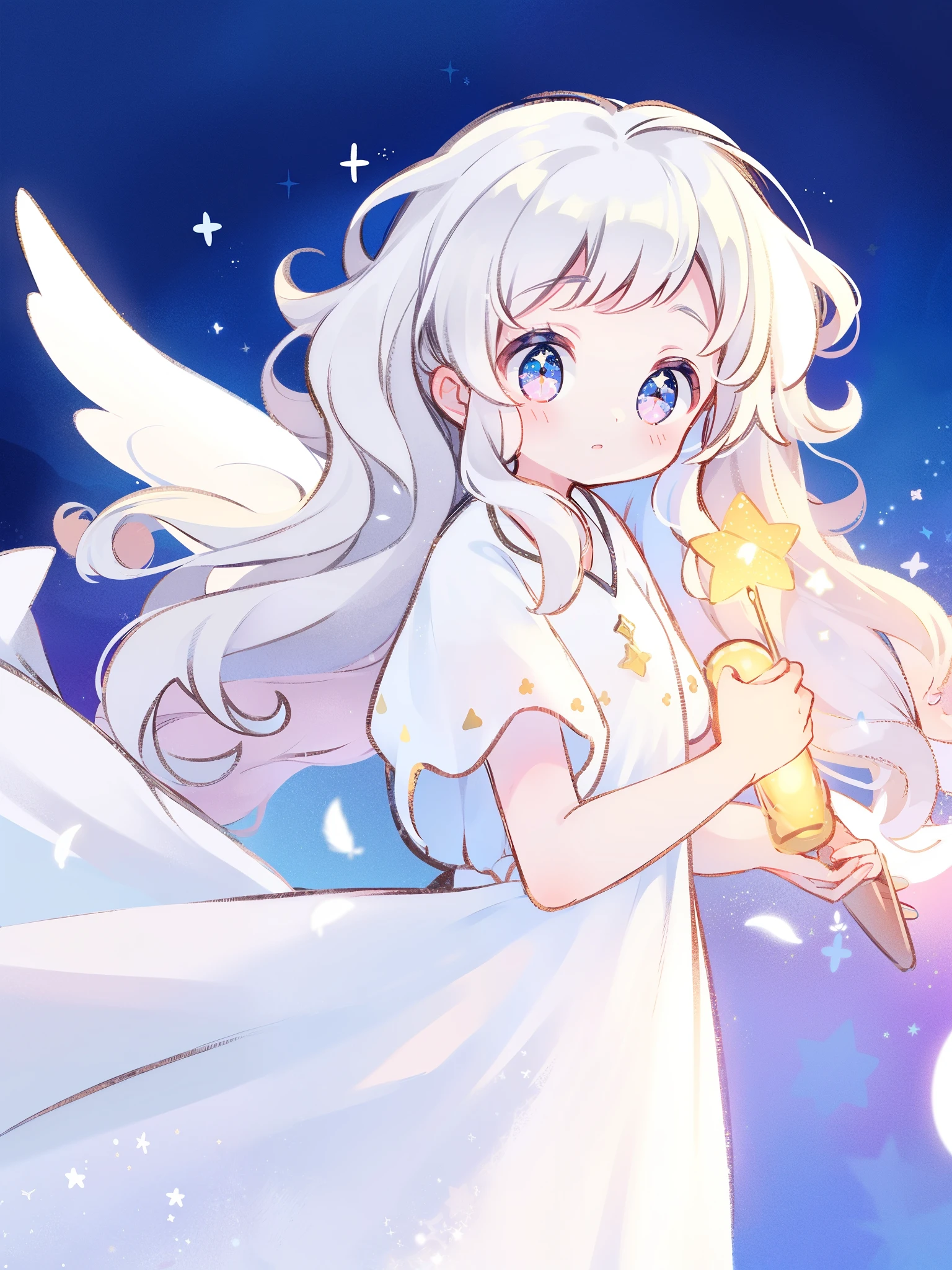 angel girl wearing an ethereal flowing layered dress, pale skin, ((sparkling wavy white hair)), white feathers, angel wings, sparkling detailed eyes, golden ratio face, perfect composition, highly detailed, ethereal, (starry night sky background), midjourney style