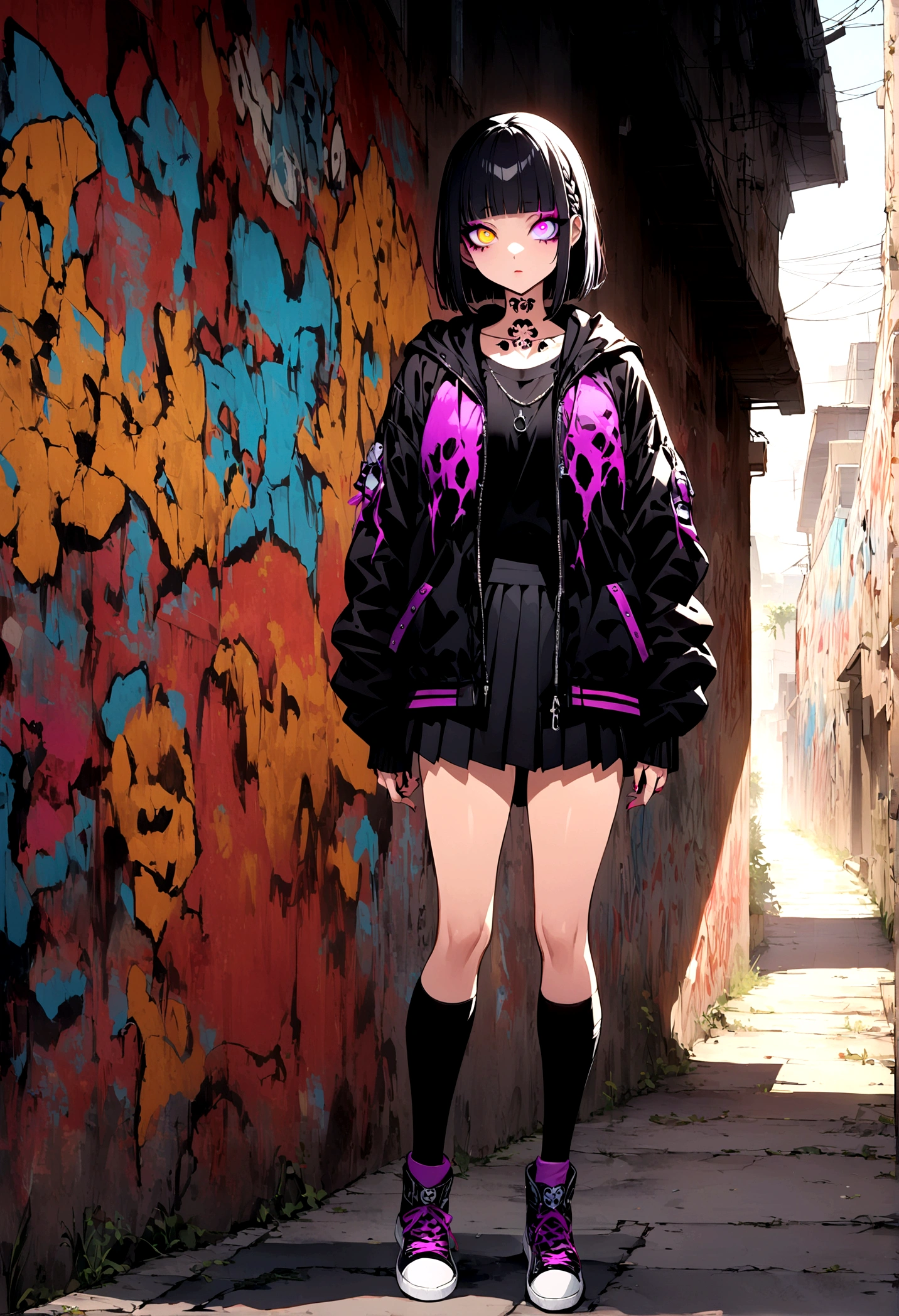 pinup、adult、shirt、Pleated skirt、blunt bangs、Gothic、Step Piece, Best Quality, Best Illustration, Ultra-detailed,girl, crazy baddie girl, Cool Black Open Short Jacket, neck tattoo, Messy Fade Cut Hair, Side braided hair,Crazy, standing with an eerie feeling, abandond street graffiti wall background,knee high socks, quirky sneakers, Eyeshadow on the eyes,unusual colored eyes, Eyes of fear, vivid eyes, cool shot